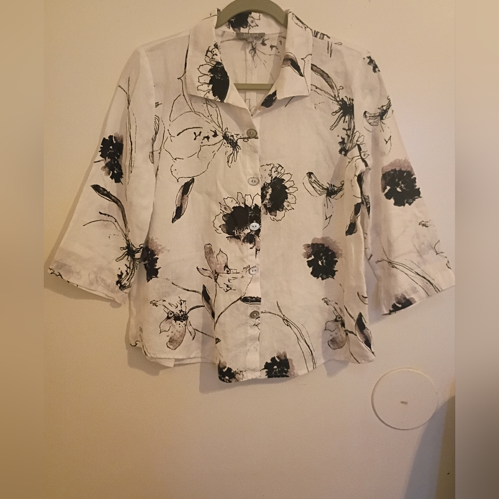 Habitat Women's‎ Black and White Floral Top 80% Linen Sz XS